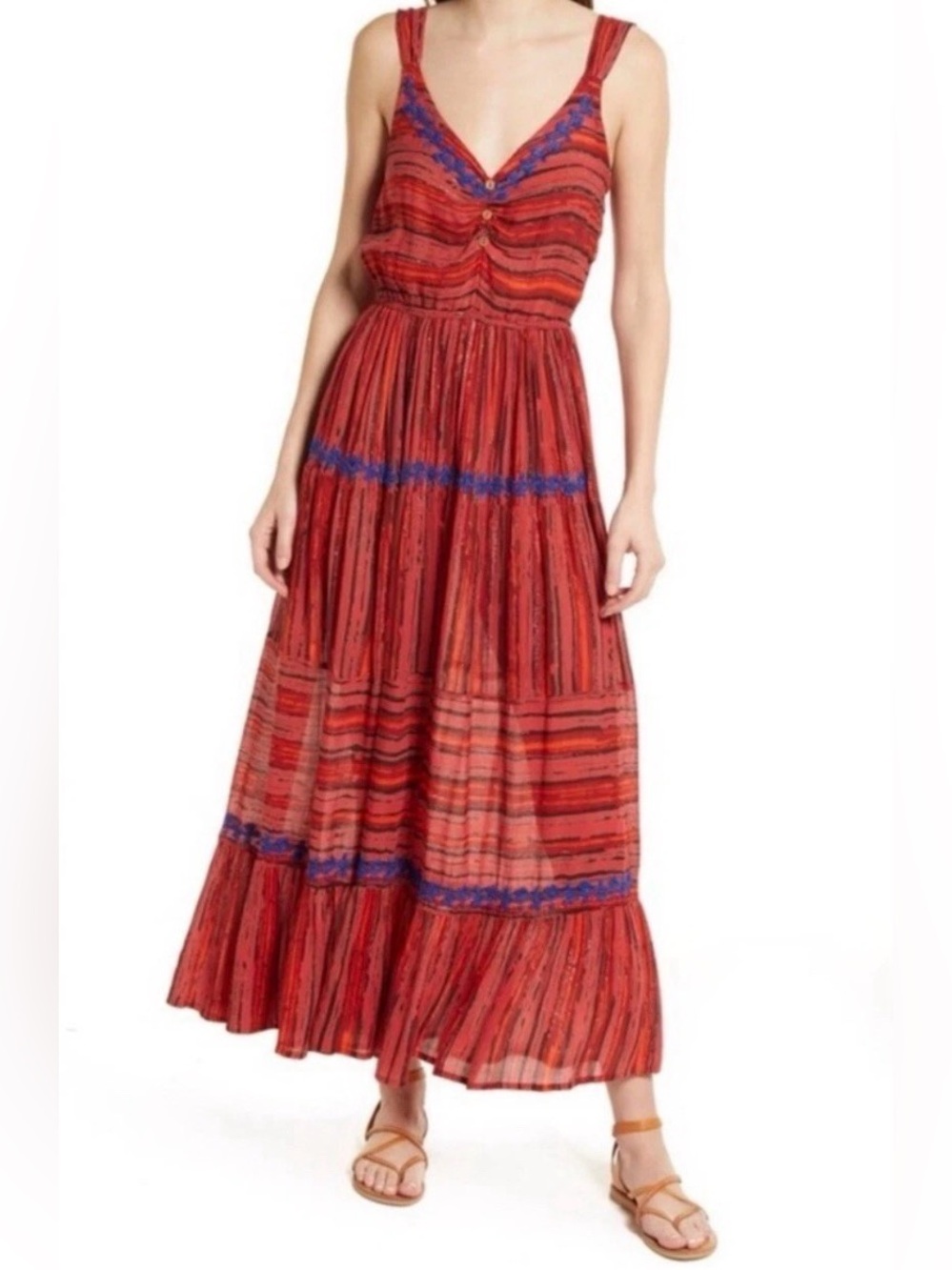 Raga XS Maxi Dress Josefina Sleeveless Tiered Red Blue Silver Embroidered NWT